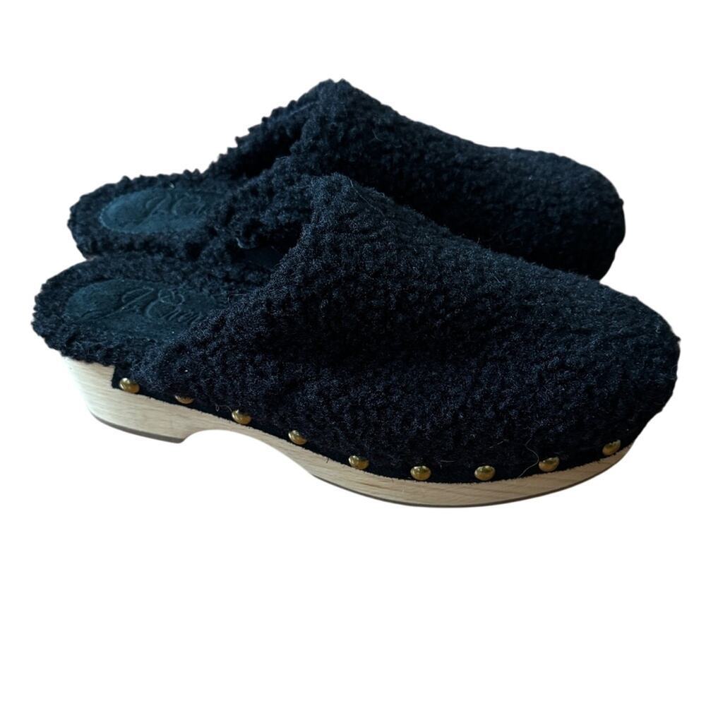 J. Crew Faux Shearling Sherpa Teddy Wood Mule Clogs Black Size 5.5